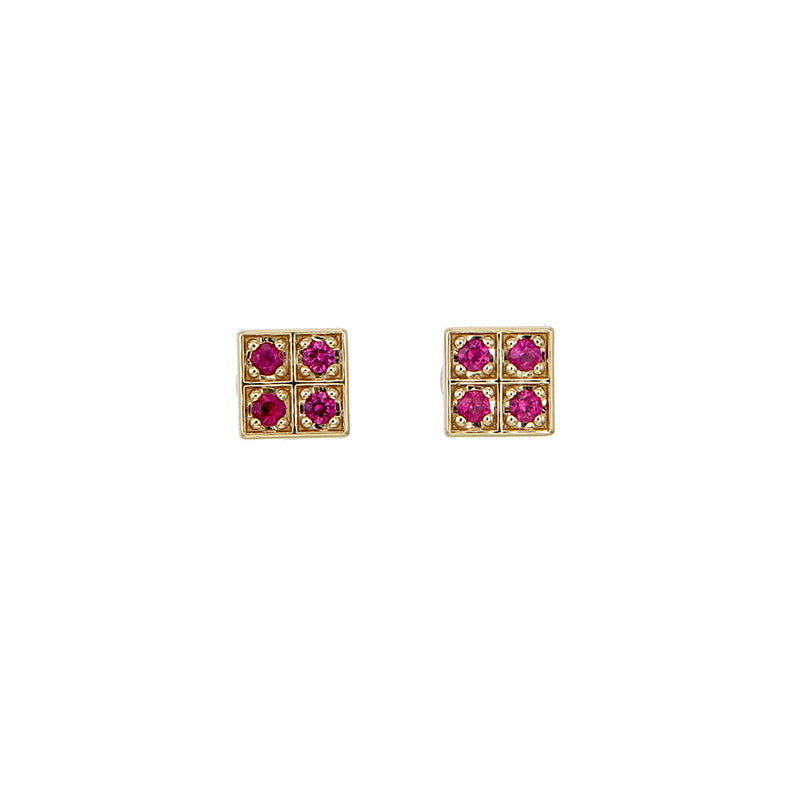 Sapphire Checker Stud Earring 18K solid gold Ruby or Blue Sapphire