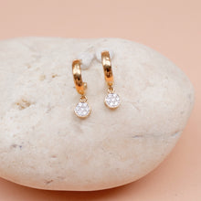 Load image into Gallery viewer, Dangling Diamond Earring Secure Huggie Style Earring in 18K Yellow Gold
