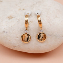 Load image into Gallery viewer, Dangling Disc Earring Secure Huggie Style Earring in 18K Yellow Gold
