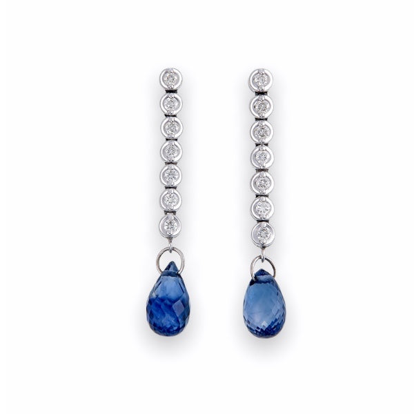 Blue Sapphire Drop Earring with Diamonds in 18K White Gold