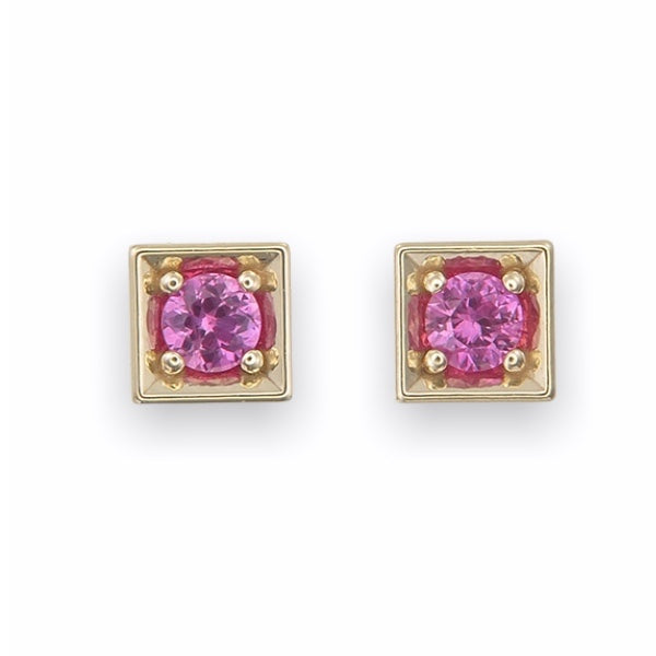 Square Pink Sapphire Stud Earring in 18K Solid Gold